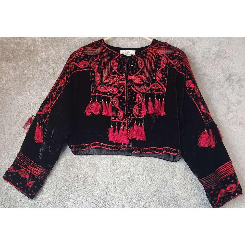 Sandy Starkman Jacket Womens Medium Black Velvet Red Embroidered Tassel Cropped